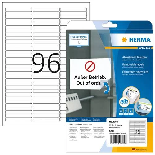 HERMA Removable Labels A4 63.5mm White