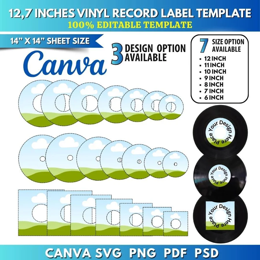 Vinyl Record Label Templates | 6-12 Inches Vinyl Record Frameworks | Drag & Drop Record Label Stickers | Custom Retro Designs Canva Editable