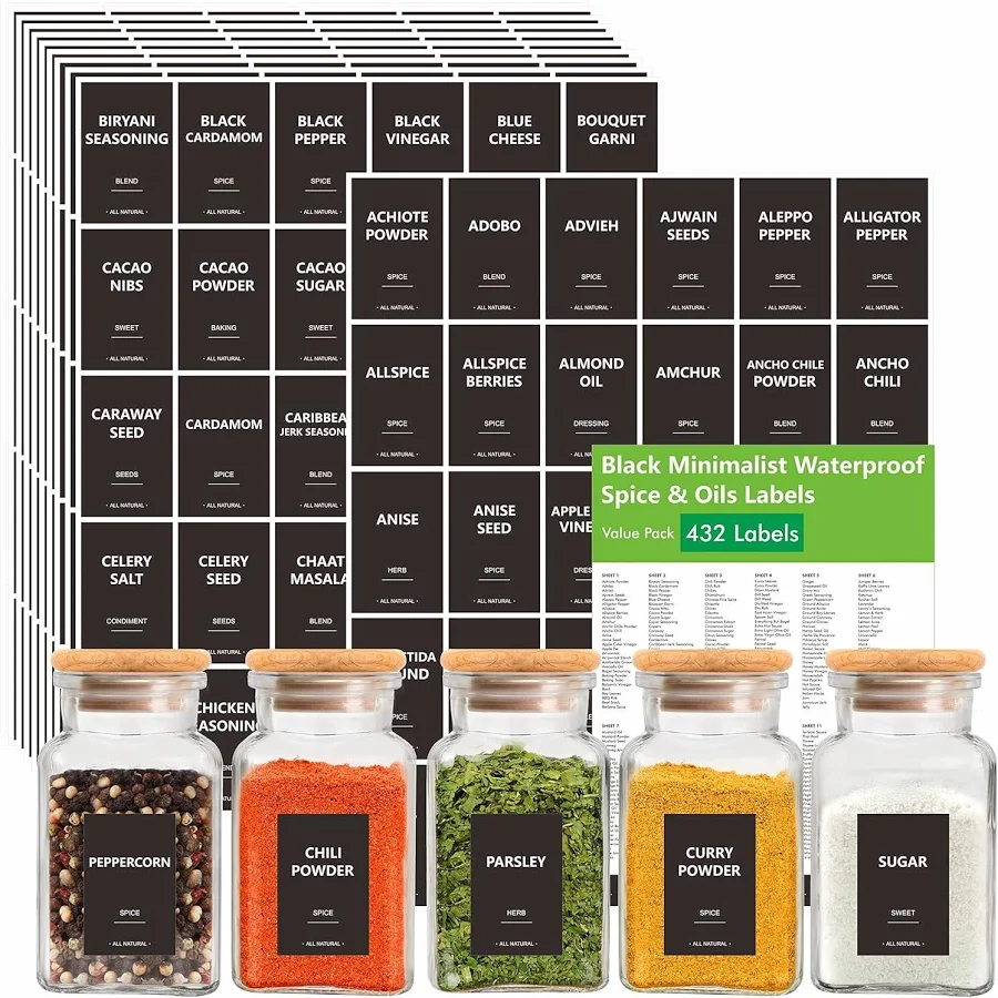 432 Removable Spice Labels, 396 Pre-printed Herb Seasoning Sauce Oil