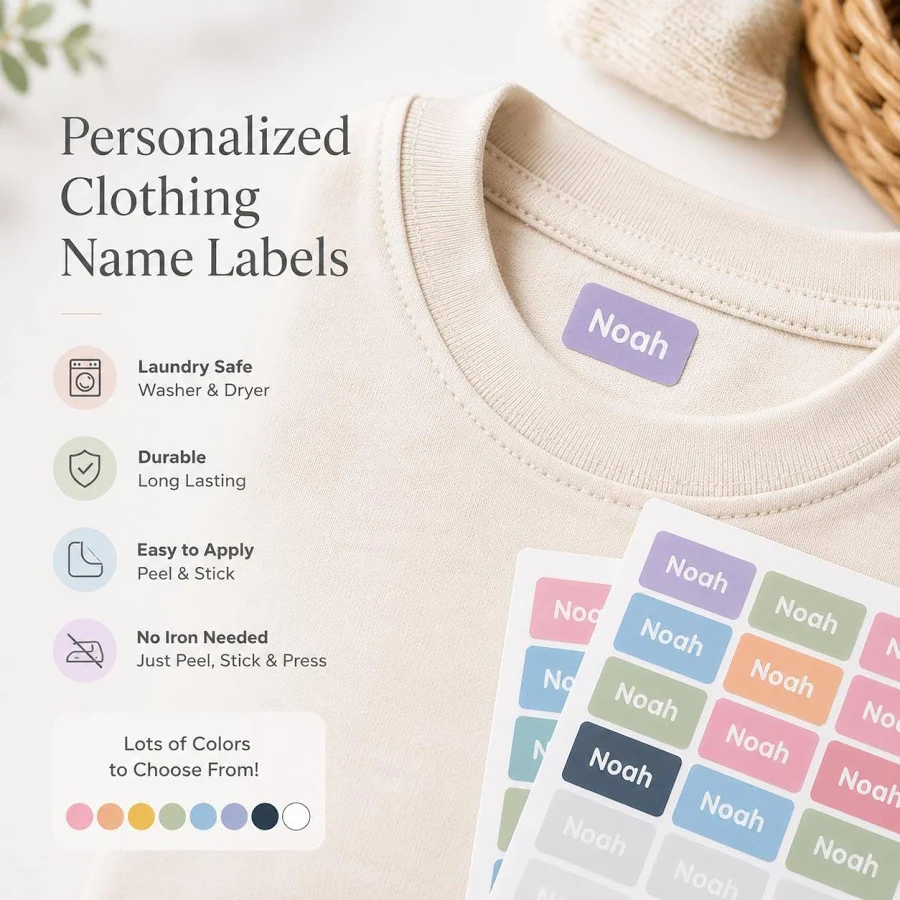 Personalized Clothing Name Labels Waterproof Peel Stick Kids School Daycare Camp Uniform Laundry Safe Custom Labels