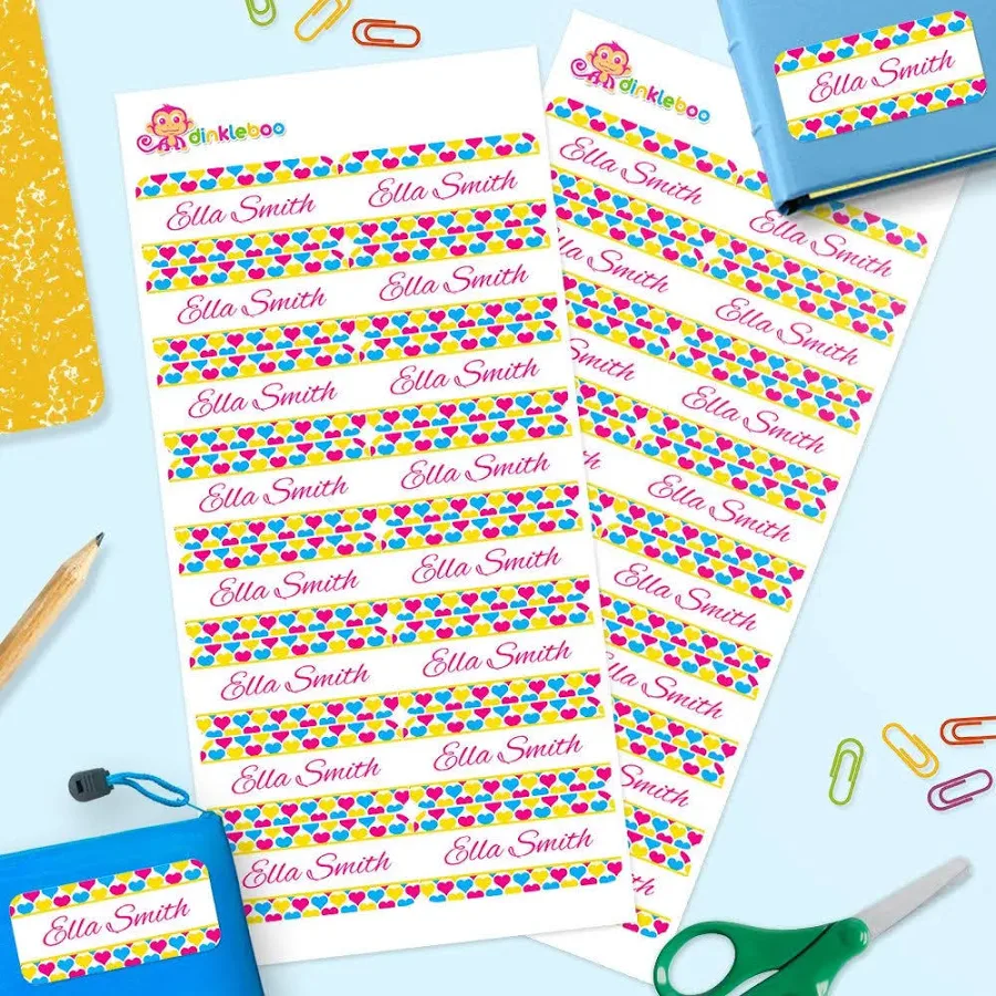 Personalized Hearts Rectangle School Name Labels – Stick On Name Labels for Kids (Pack of 32) | Perfect for School, Daycare & Home