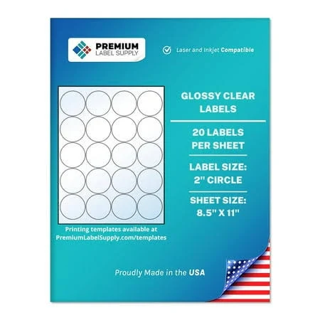 Premium Label Supply Glossy Clear Sticker Round Labels 2 inch Circle Laser/Inkjet Compatible (20 Labels/Sheet), 10 Sheets 200 Total Adhesive Labels, 