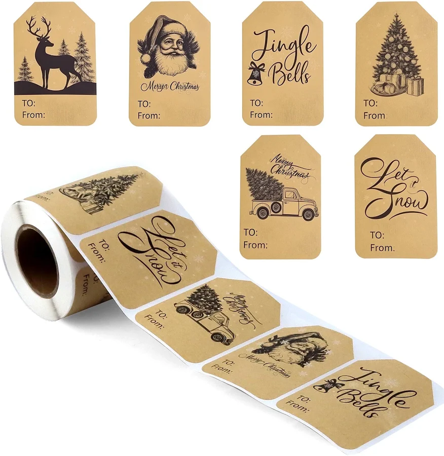 Beaquicy 300 Pcs Self Adhesive Gift Label for Xmas 2 x 3 Inch Christmas Name Tags Stickers Xmas Tree Reindeer Gift Tags Stickers