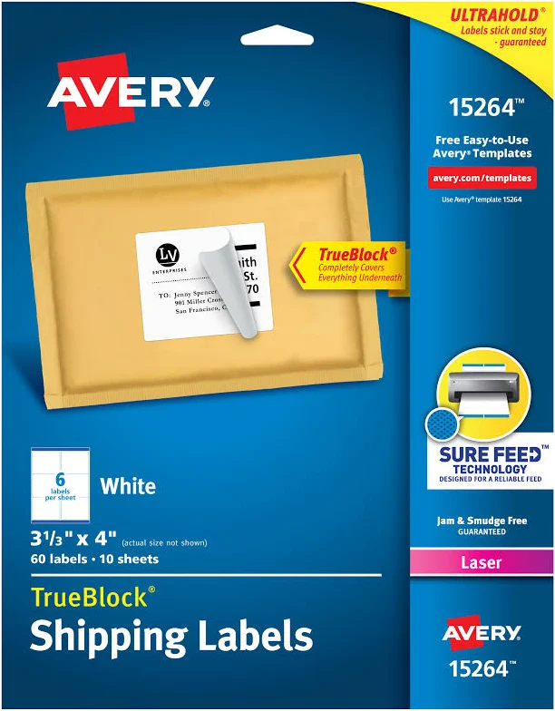 Avery Shipping Labels Sure Feed 3-1/3" x 4" 60 White