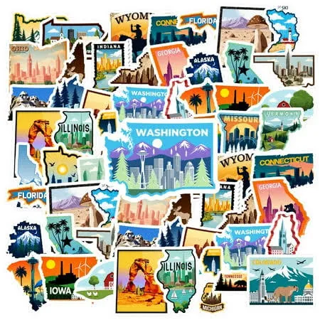 35pcs Colorful State Decals Travel Stickers Landmark Stickers PVC Graffiti Suitcases Laptops
