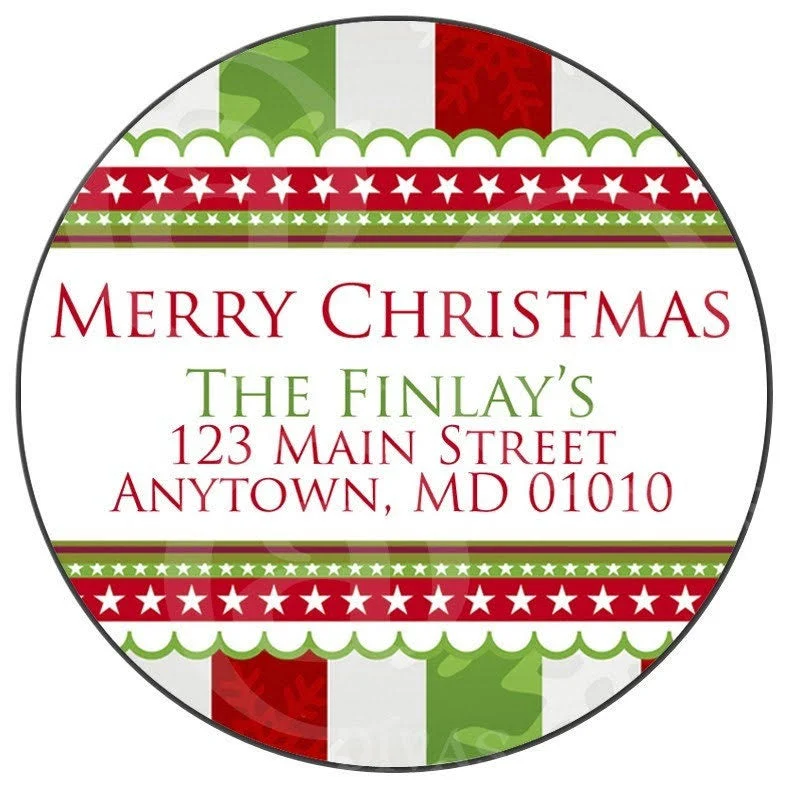 Personalized Holiday Glossy Christmas Labels and Stickers - 100 2 Inch Round Red, Green and White Borders and Stars Design