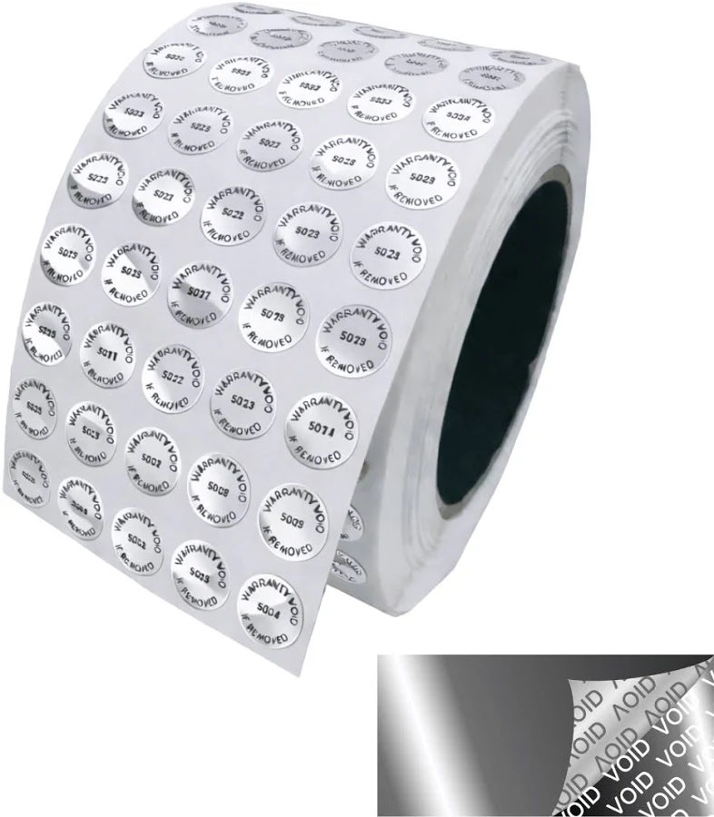Silver Bright TamperVoid Metallic Tamper Evident Security Label Circle diameter. Printed