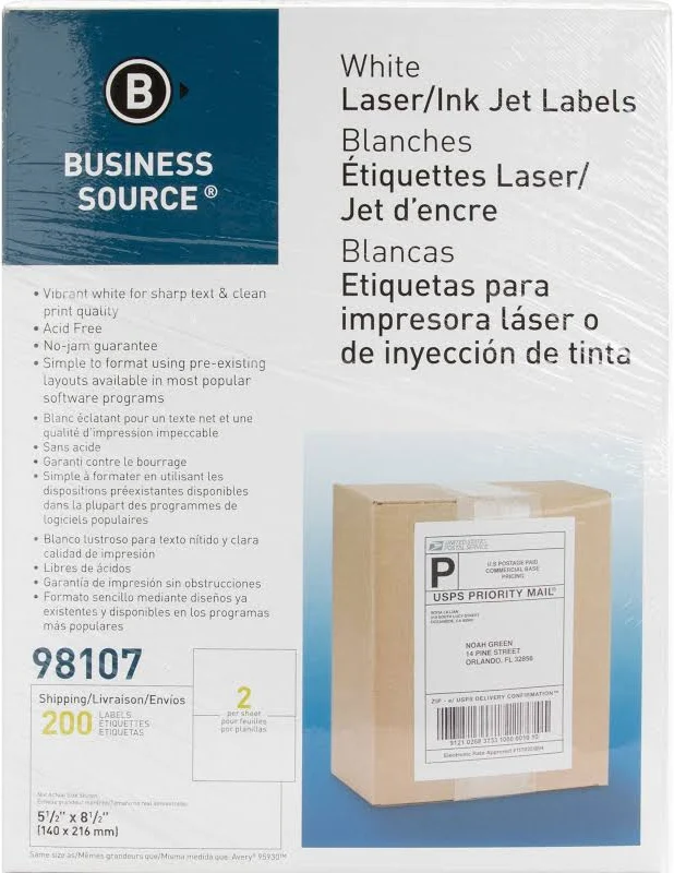Business Source Bright White Premium-Quality Shipping Labels