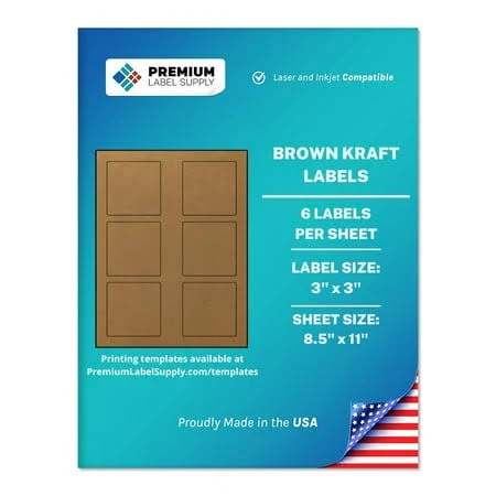 Premium Label Supply Brown Kraft Sticker Square Labels 3 x 3 inch Laser/Inkjet Compatible (6 Labels/Sheet), 25 Sheets 150 Total Adhesive Labels, Size:
