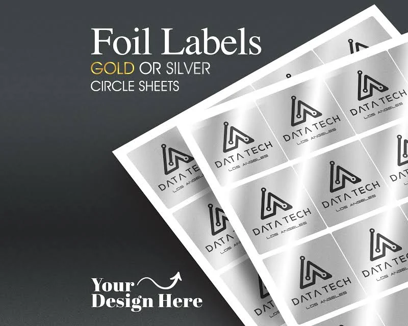 Foil Labels / Foil Stickers On A Sheet (2" Squares) : We Print Your Design! (Black Text) | Silver Or Gold Foil | Free Proof Before Printing