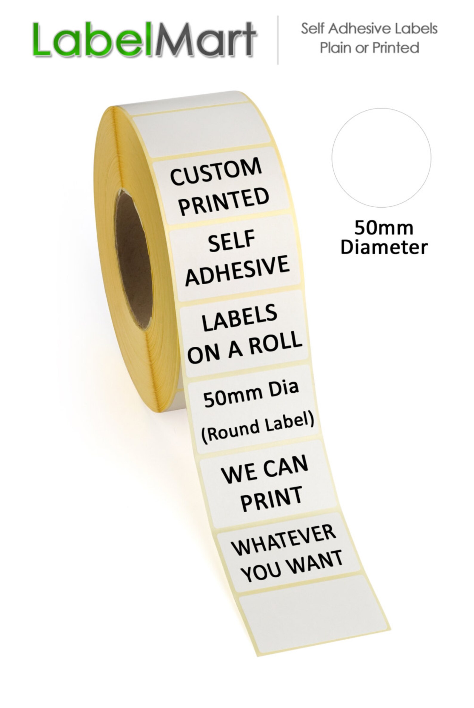 500 Self Adhesive Labels on a roll - 50mm Round Label - Custom Printed - Print whatever you want!