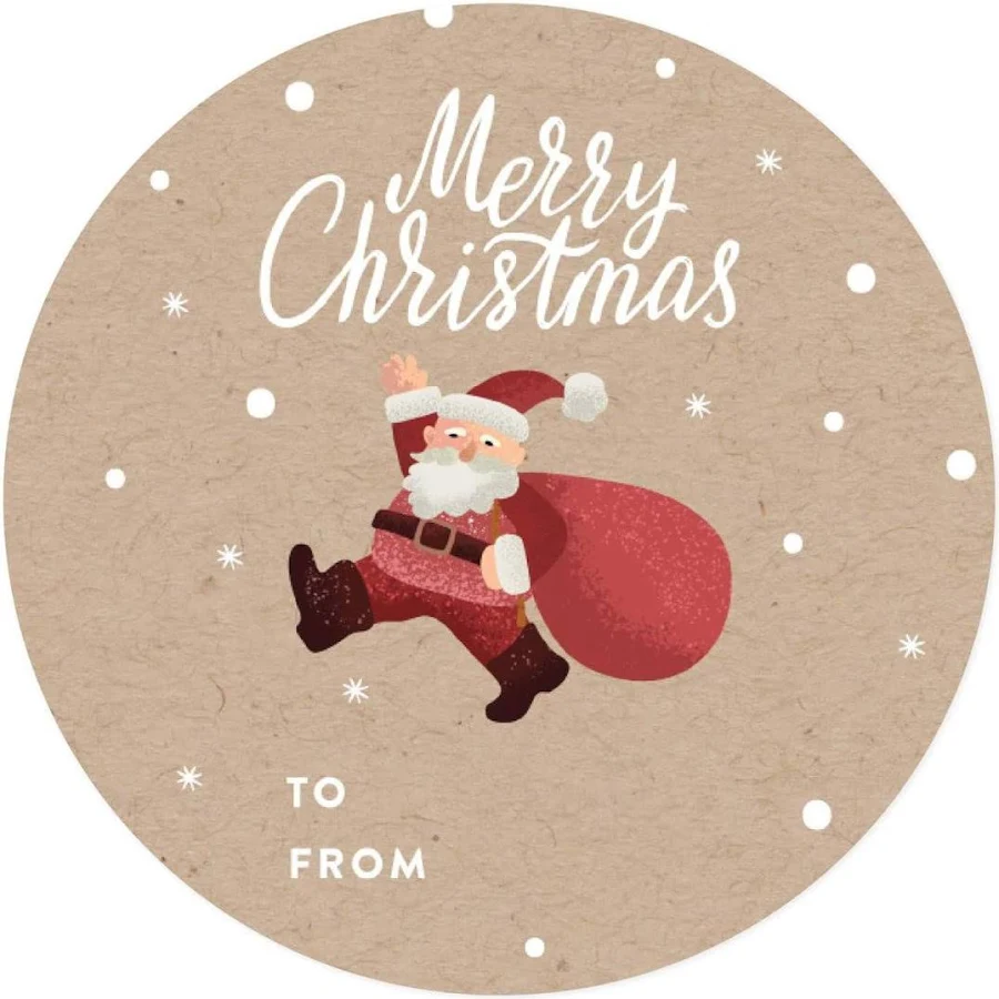 Christmas Round Circle Gift Sticker Labels, Kraft Brown Santa Claus With Gift Sack, Merry Christmas To From, 40-Pack Ophelia & Co.