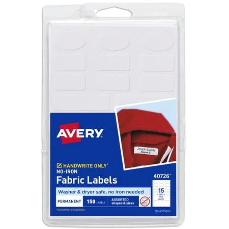 Avery No-Iron Fabric Labels, Handwrite Only, Assorted Shapes and Sizes
