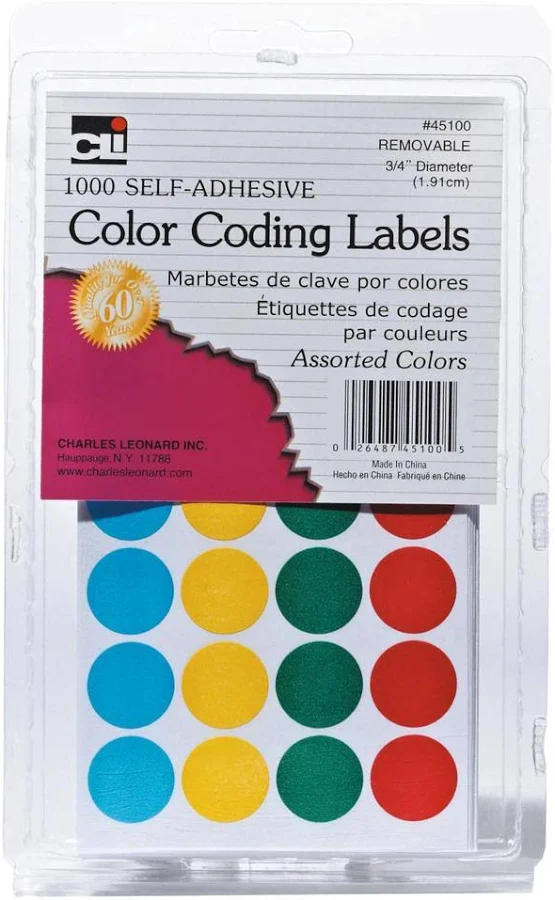 12ct Self-Adhesive Color-Coding Labels, Assorted Colors, 1000 Per Pack, 12 Packs