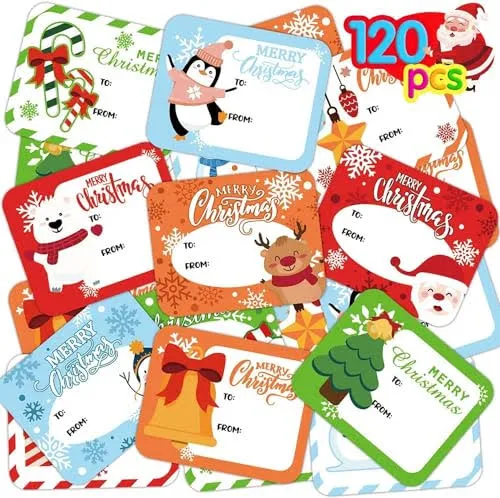 VEYLIN 120 Pieces Christmas Sticky Labels Adhesive Name Tag Sticker for Xmas Gift Wrapping Decoration