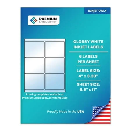 Premium Label Supply Glossy White Sticker Labels 4 inch x 3.33 inch (6 Labels/Sheet) (Glossy White for Inkjet Only, 60 Labels)