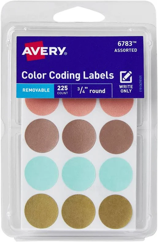 Avery Color Coding Labels 3/4 inch Round Removable Metallic Colors Handwrite 225 Labels