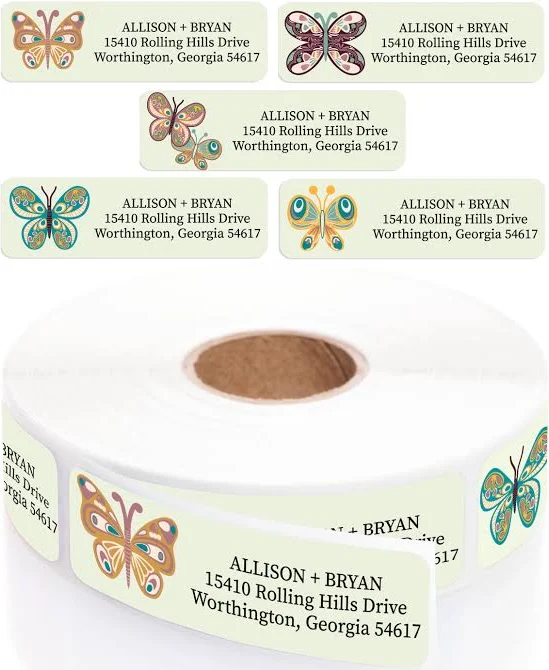 Folk Butterfly Assorted Rolled Address Labels with Dispenser