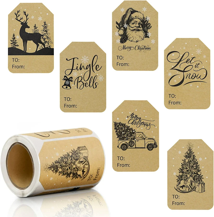 Beaquicy Christmas Sticker Gift Tags Self-Adhesive Kraft 120 Pack Xmas Name Tags