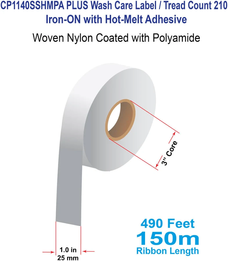 CP1140SSHMPA PLUS 1" x 656 ft Iron-On Wash Care Label 210 gsm Woven Nylon Coated with Polyamide with Hot-Melt Adhesive