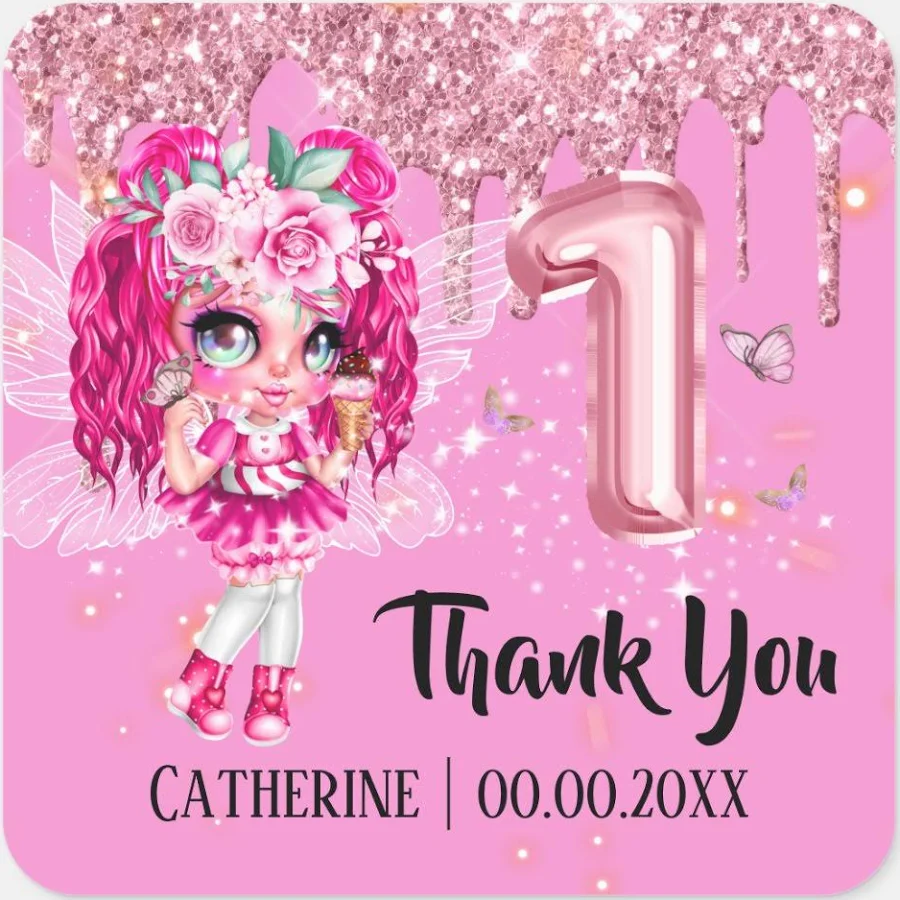Pink glitter fairy girl cute anime thank you 1st square sticker