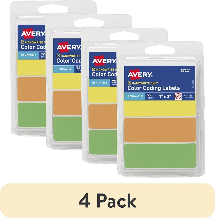 (4 pack) Avery Removable Color Coding Labels, 1 inch x 3 inch, Neon, 72 Count, Multicolor