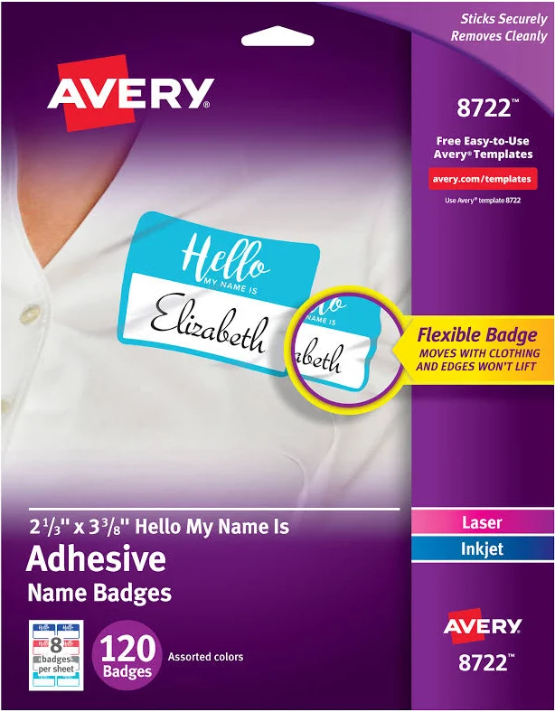 Avery Flexible Adhesive Name Badge Labels Hello 3 3/8 x 2 1/3 Assorted