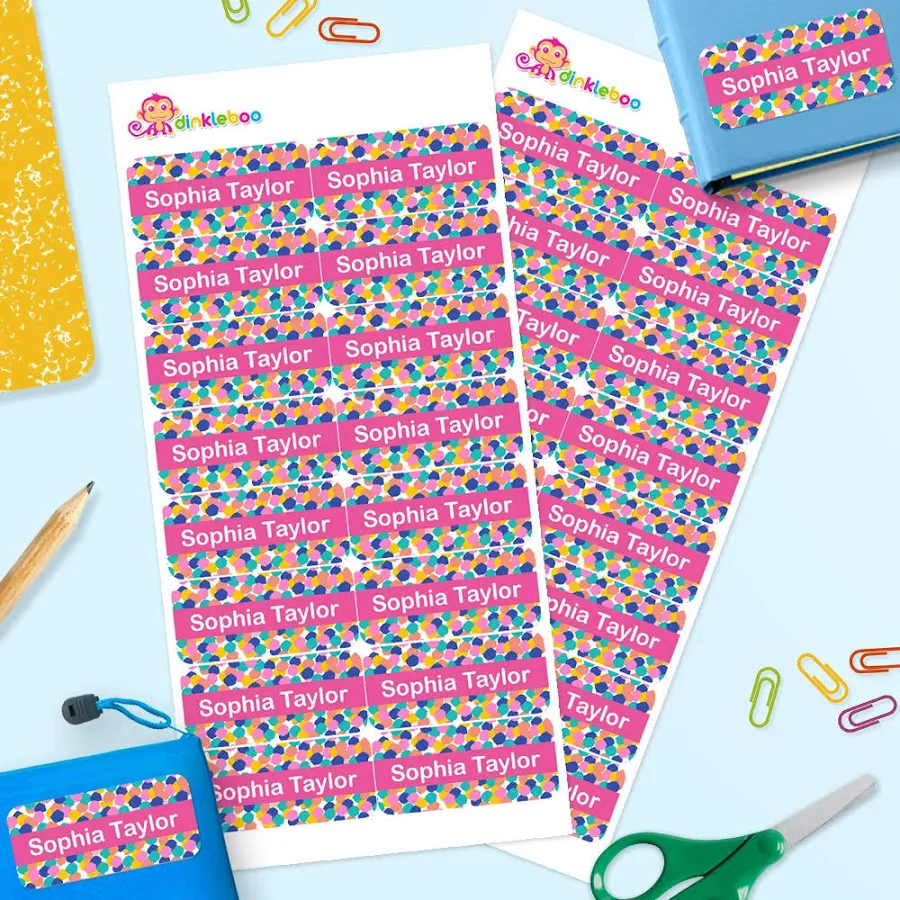 Personalized Confetti Rectangle School Name Labels – Stick On Name Labels for Kids (Pack of 32) | Perfect for School, Daycare & Home