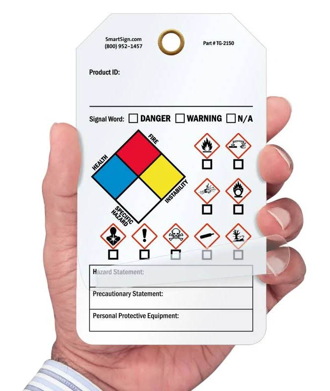 Double-Sided Self-Laminating GHS & NFPA Tags Self-Laminating Tag, 15 mil Vinyl and Two Clear Flaps, 25 Tags, 5.875"x3.375"