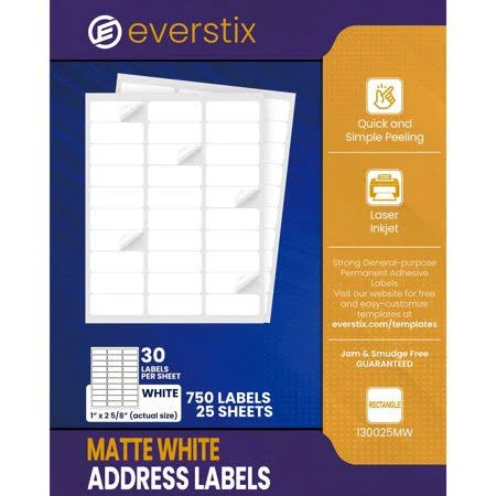 Everstix 1" x 2-5/8" Sheets Mailing Address Labels