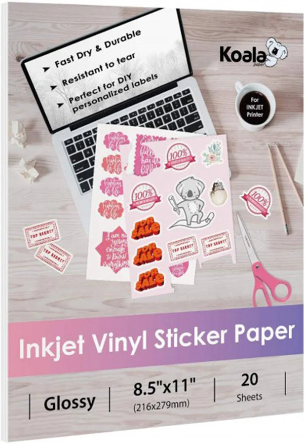Koala Waterproof Glossy Vinyl Sticker Paper | 8.5x11" Full Sheets for Inkjet Printing 20 / Glossy