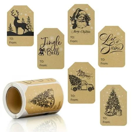 Beaquicy Christmas Gift Tags Stickers 120 Pack Kraft Self-Adhesive Xmas Name Tags