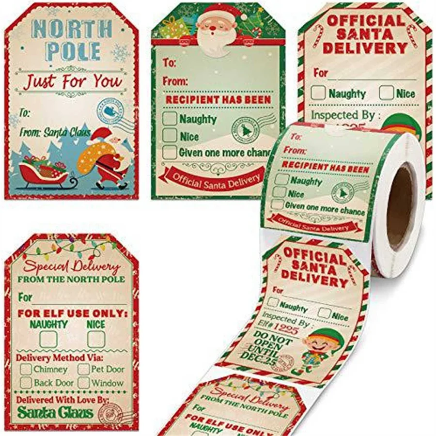 200 Pcs Christmas Gift Tags Stickers Roll, Self-Adhesive Festive Holiday Name Labels for Present Boxes and Envelopes, Writeable Decorative Stickers,