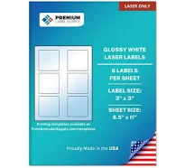 Premium Label Supply Glossy White Square Sticker Labels 3 inch x 3 inch (6 Label