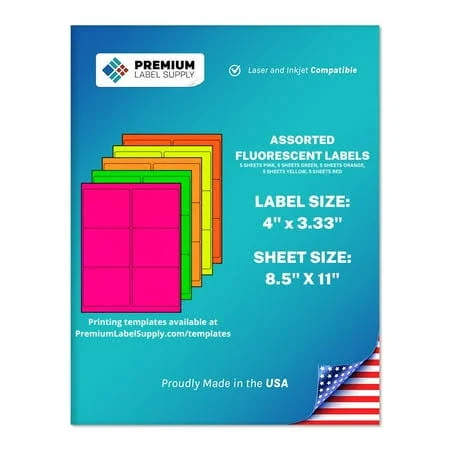 Premium Label Supply Bright Neon Color Fluorescent Stickers - 4 inch x 3.33 inch Labels - (Assorted Fluorescent, 150 Labels), Multicolor