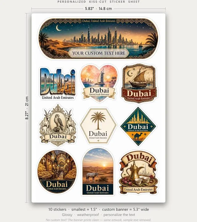 Dubai United Arab Emirates Personalized Sticker Sheet, 10 Custom Souvenir Decals, Customizable Text Banner, Travel Gift Vinyl Stickers