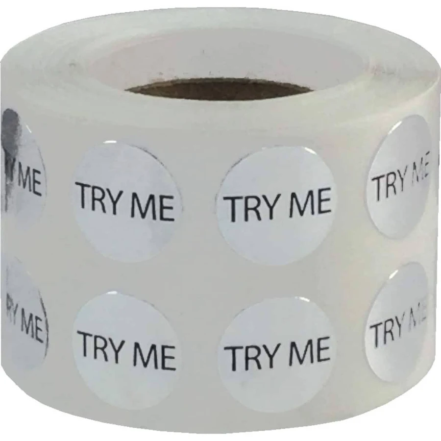 Small Silver Metallic Plastic Try Me Stickers 1/2" Round QTY 1,000 | Wholesale Labels | InStockLabels