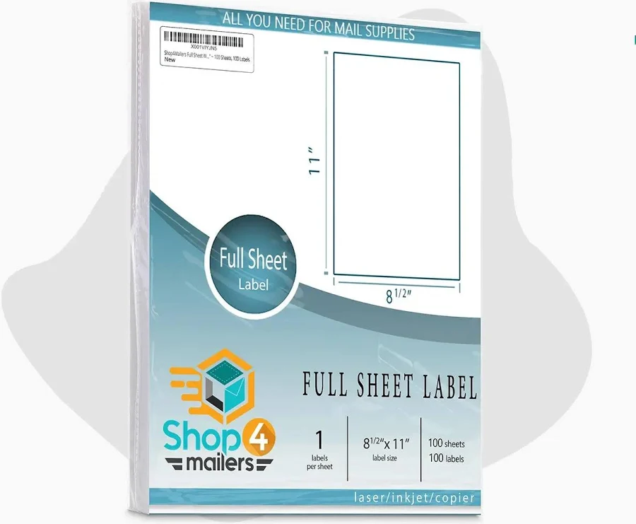 White Full Sheet Permanent Self Adhesive Shipping Label 100 Sheets