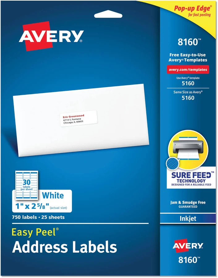 Avery Easy Peel White Address Labels w/ Sure Feed Technology, Inkjet Printers, 1 x 2.63, White, 30/Sheet, 25 Sheets/Pack (8160) - 2 Pack