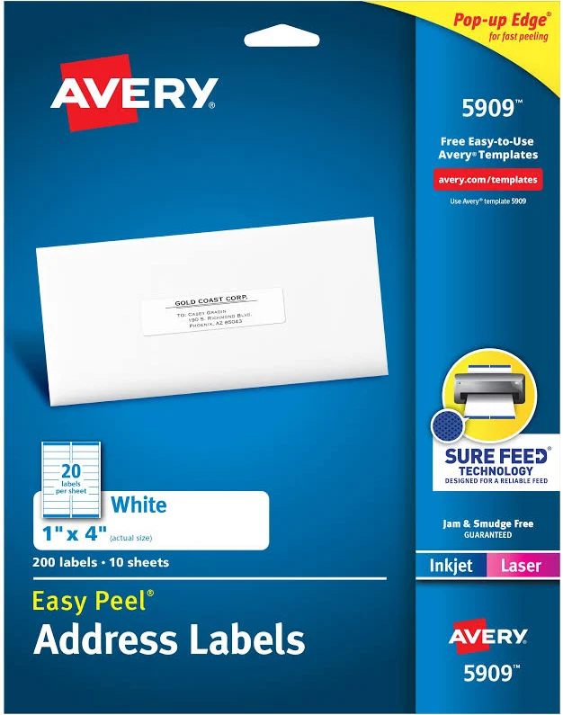 Avery Address Labels 1" x 4" Matte White Laser/Inkjet Sure Feed 200 Labels