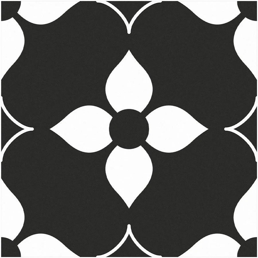 Commomy 10Pcs Black and White Flower Peel and Stick Vinyl Floor Tile Sticker Self Adhesive Flooring Bath, Backsplash, Stairs,Floor decal 7.87" x 7.87"