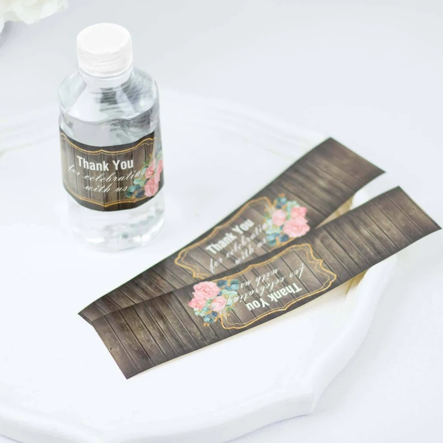 TableclothsFactory 24-Pack Rustic Wood Print Water Bottle Labels