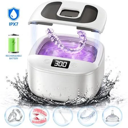 Getino Ultrasonic Retainer Cleaner Machine 45kHz, Rechargeable Dental Cleaning Pod with Digital Timer & 4 Modes for Dentures Aligners Mouth Guards 