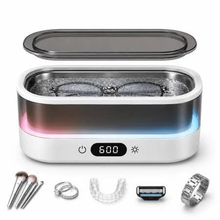 Ultrasonic Jewelry Cleaner 48kHz, 600ml Large Capacity Ultrasonic Cleaner Machine with LED Light, Stainless Steel Tank for Glasses, Jewelry, Rings, 
