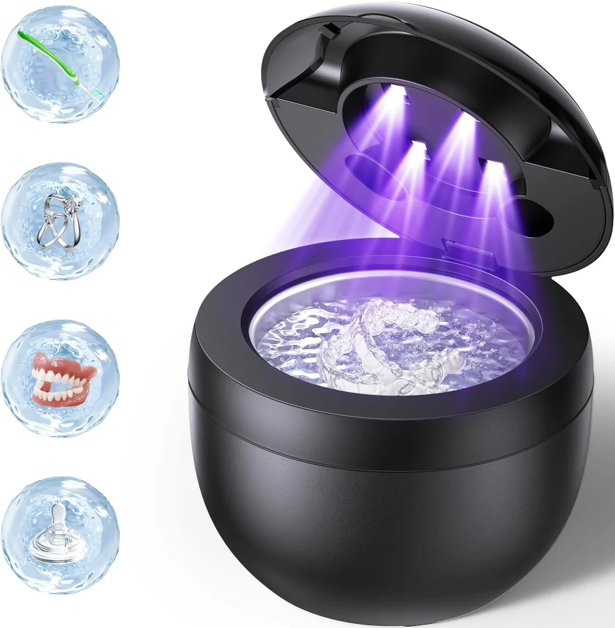 Yichuhaoxi Ultrasonic retainer cleaner machine 45kHz with 200ml tank 4 cleaning modes UV light for dentures aligners mouthguards jewelry dental