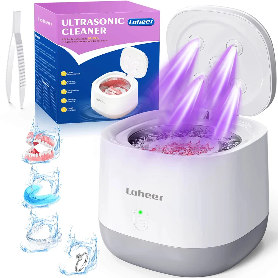 Loheer - Ultrasonic Retainer Cleaner Machine, 45kHz Dentures Cleaner for Mouth Guards, Braces, Jewelry, 4 UV Lights