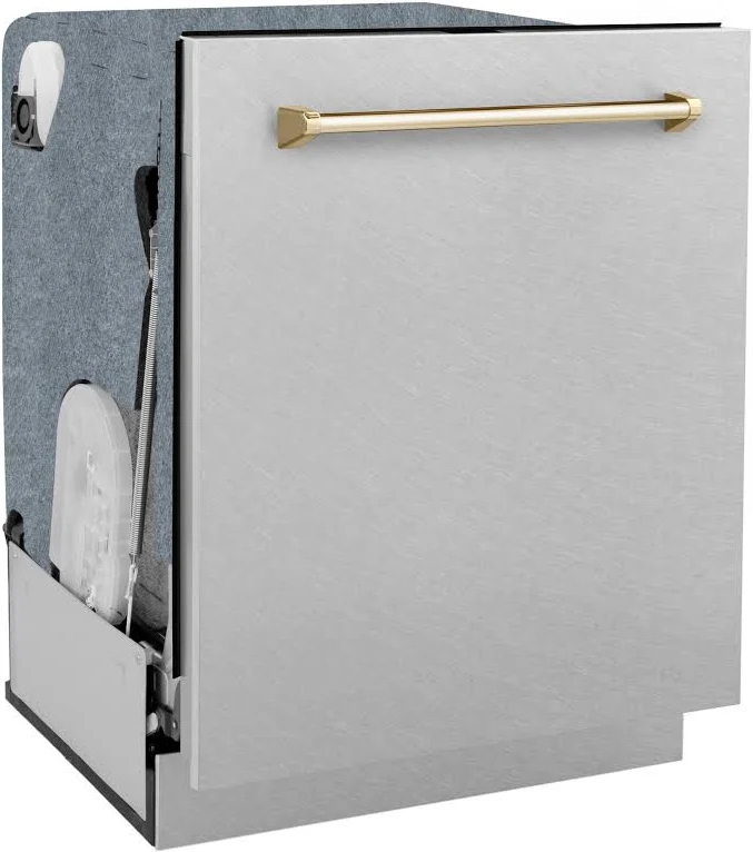 ZLINE Autograph Edition 24 in. Monument Series 3rd Rack Dishwasher with Auto Door Open Drying, 44dBa, Satin Stainless Steel Panel with Polished Gold 