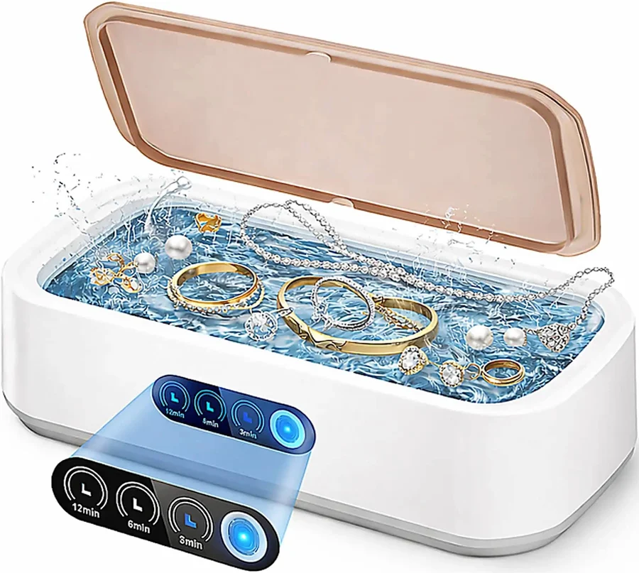 High Powered Ultrasonic Jewelry Cleaner 40W 49000 Hz 360 Degree Deep Cleaning 22oz for Glasses Rings Watch Straps and Silver Jewelry with Three Cleani