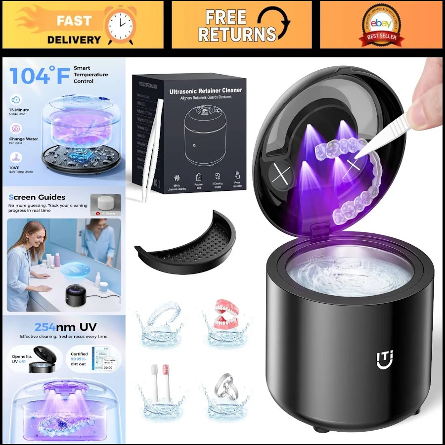 Ultrasonic Retainer Cleaner 48khz - 4 Modes For Dentures, Aligners,