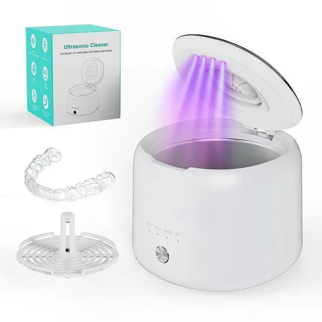 Ultrasonic Retainer Cleaner Machine with UV Light 4 Timer Modes Ultrasonic Cleaner for Retainers, Dentures & Mouth Guards 360° Deep Cleaning, Low 